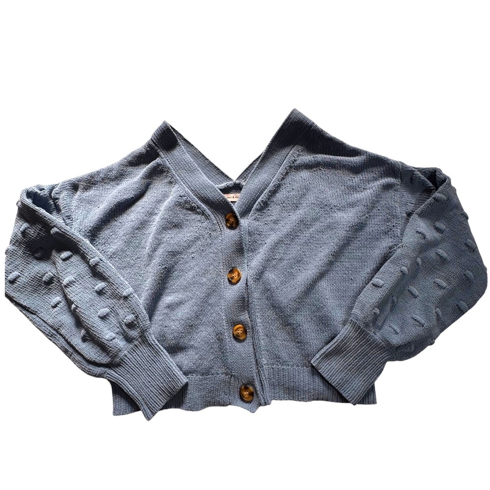 Moon and Madison Blue Textured Bobble Sleeve V Neck Cardigan Sweater M‎
